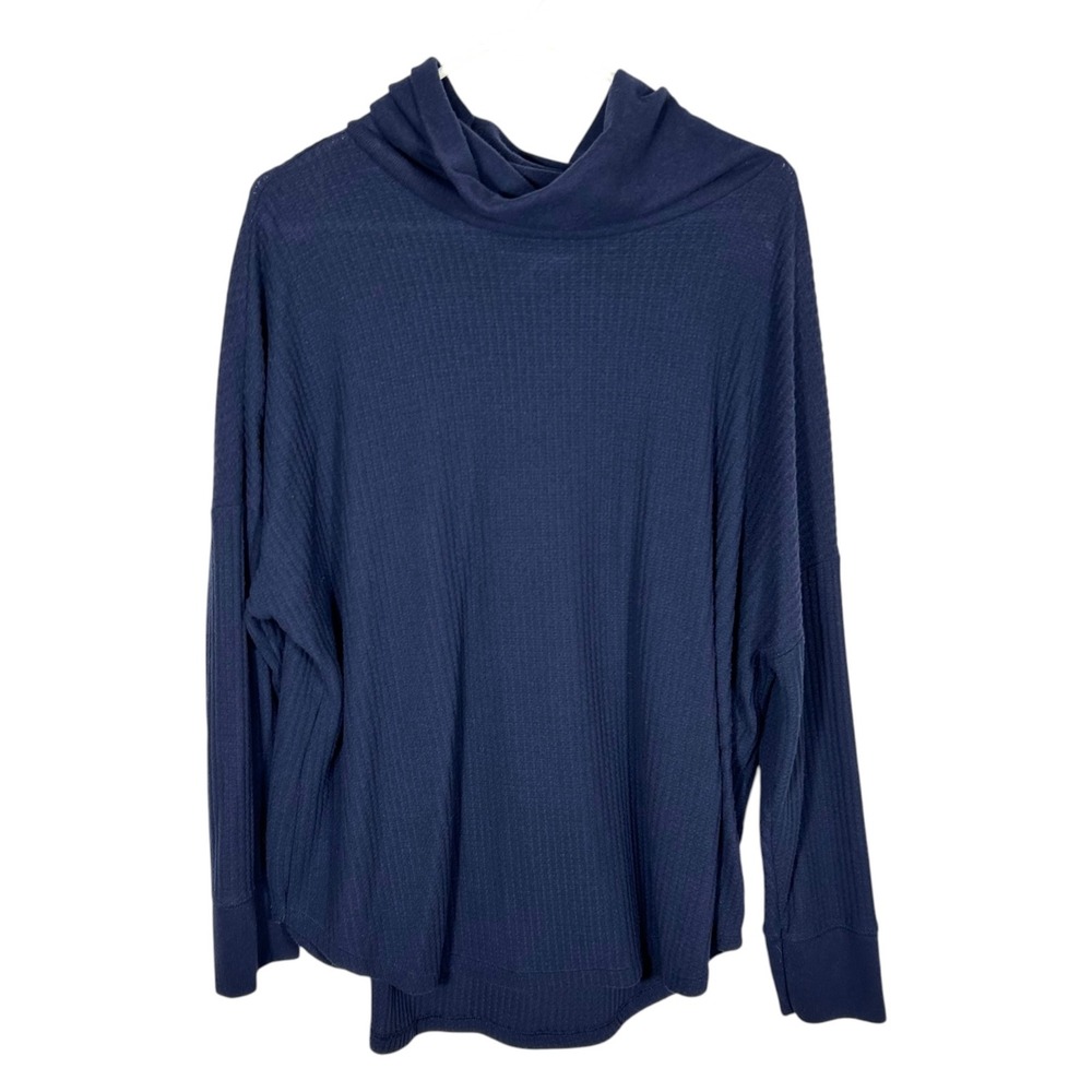 Navy Blue Waffle Knit Cowl Neck Relaxed Oversized Thermal Top XL